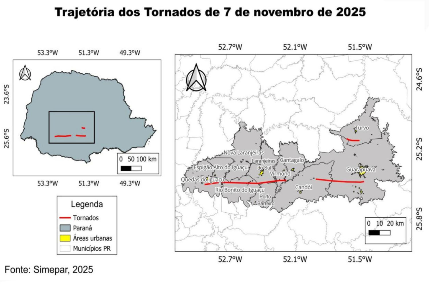 Laudo técnico final do Simepar eleva classificação de tornados que atingiram 11 cidades do Paraná