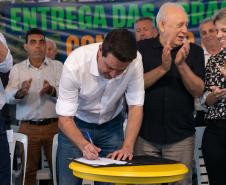 Francisco Beltrão, 13 de dezembro de 2024 - O governador Carlos Massa Ratinho Jr., inaugura obra de condenção de cheias e anuncia melhorias.