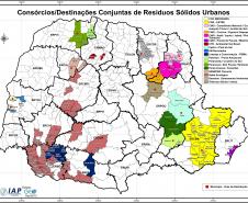 Mapa das Destinações Conjuntas dos Resíduos Sólidos Urbanos no Estado do Paraná.