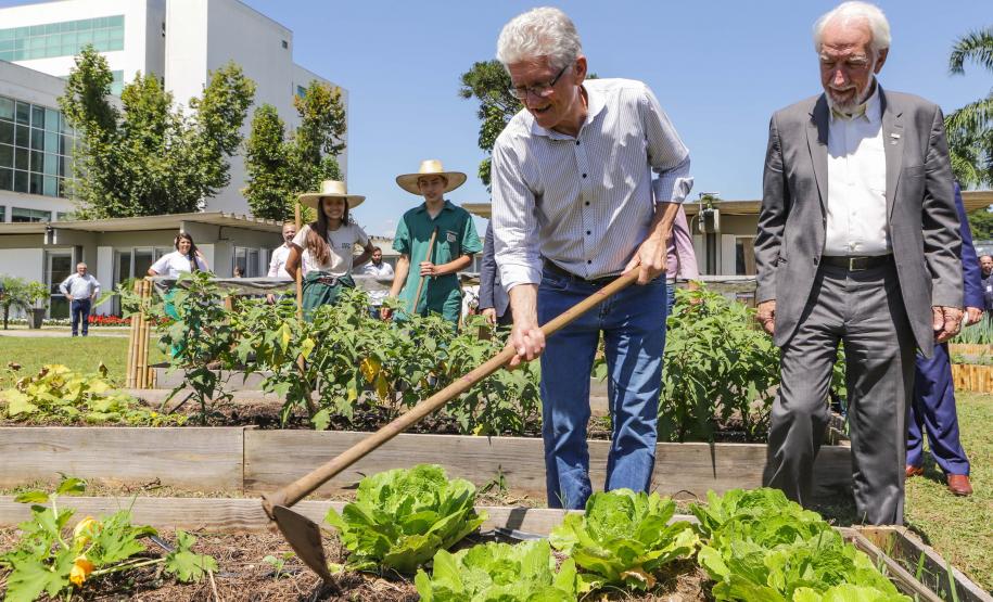 O governador do Paraná, Carlos Massa Ratinho Junior, inaugura o jardim de colmeias de abelhas nativas e a horta orgânica no Palácio Iguaçu.