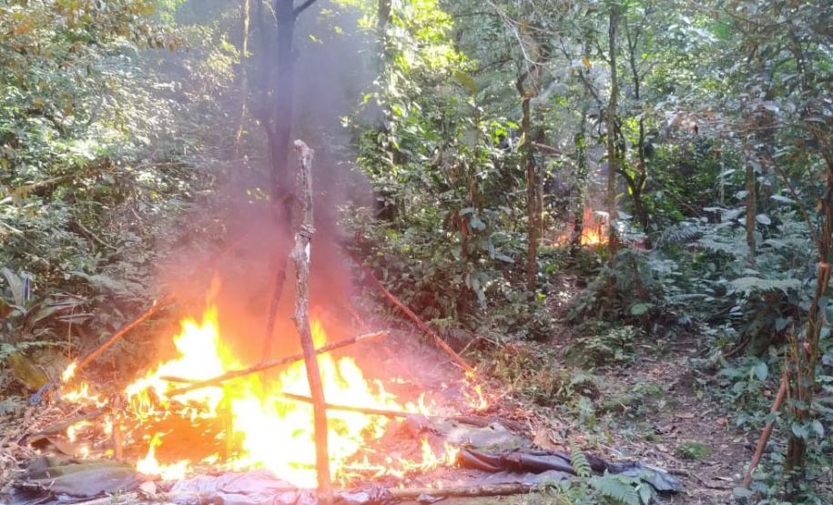 Instituto Água e Terra (IAT) e Batalhão de Polícia Ambiental - Força Verde desmobilizaram um acampamento de caçadores que funcionava dentro do Parque Estadual Pico do Marumbi.