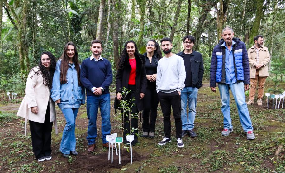 Servidores do escritório regional do IAT de Curitiba durante plantio de mudas no viveiro de São José dos Pinhais