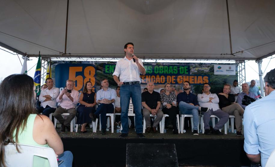 Francisco Beltrão, 13 de dezembro de 2024 - O governador Carlos Massa Ratinho Jr., inaugura obra de condenção de cheias e anuncia melhorias.