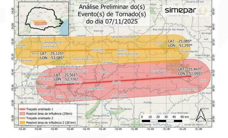 Laudo técnico final do Simepar eleva classificação de tornados que atingiram 11 cidades do Paraná