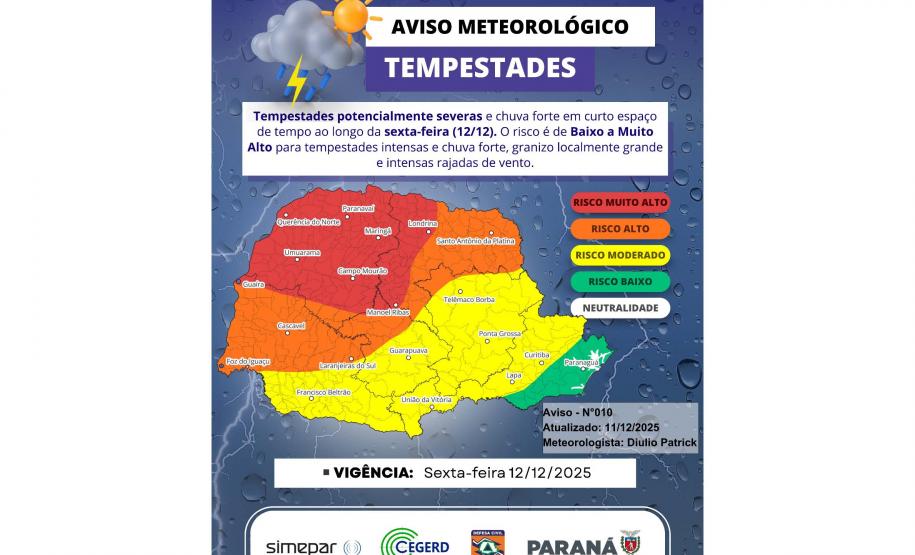 Paraná terá tempestades severas neste fim de semana