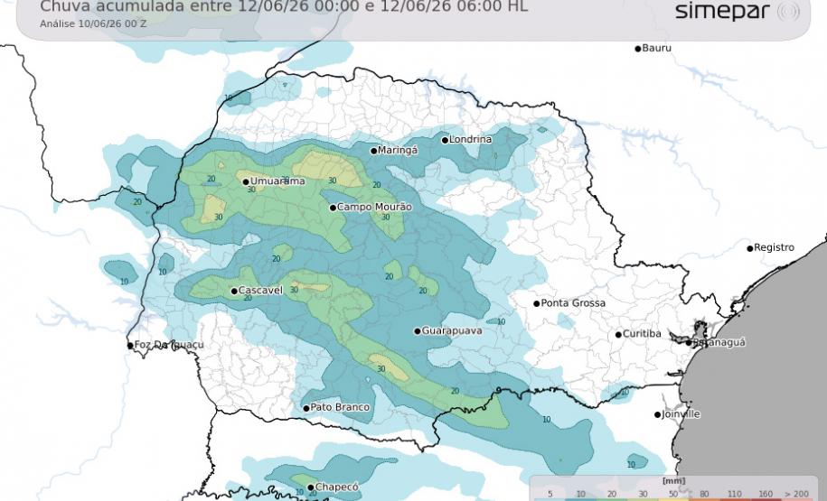 Simepar prevê tempestades nas regiões Oeste e Norte do Paraná entre quinta e sexta-feira