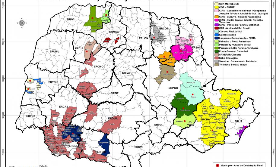 Mapa das Destinações Conjuntas dos Resíduos Sólidos Urbanos no Estado do Paraná.