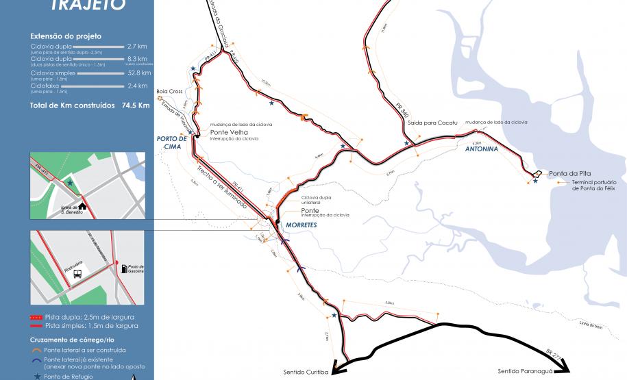 04. MAPA DE DISTÂNCIAS  (b).cdr Cicloativistas e técnicos da área de mobilidade urbana sustentável do Paraná aprovaram o projeto da nova ciclovia que interligará as cidades litorâneas de Morretes e Antonina.
